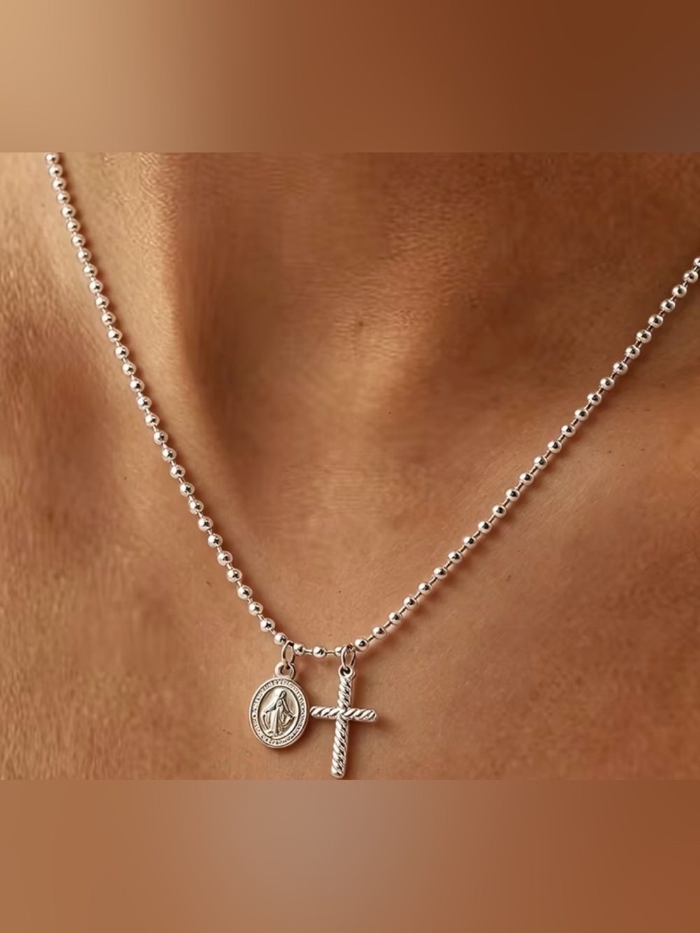 Sterling Silver Beaded Cross and Medal Necklace - Silver